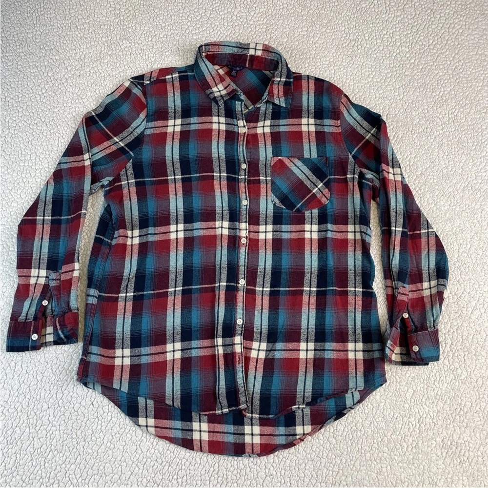 Aeropostale Mens L Long Sleeve ButtonDown Red/Blue Windowpane Plaid Flannel